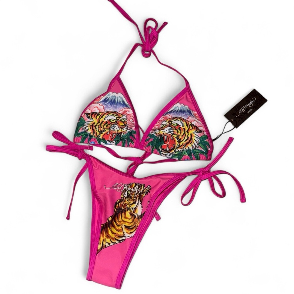 Ed Hardy Tiger & Roses 2 Piece Bikini - Hot Pink set  NWT